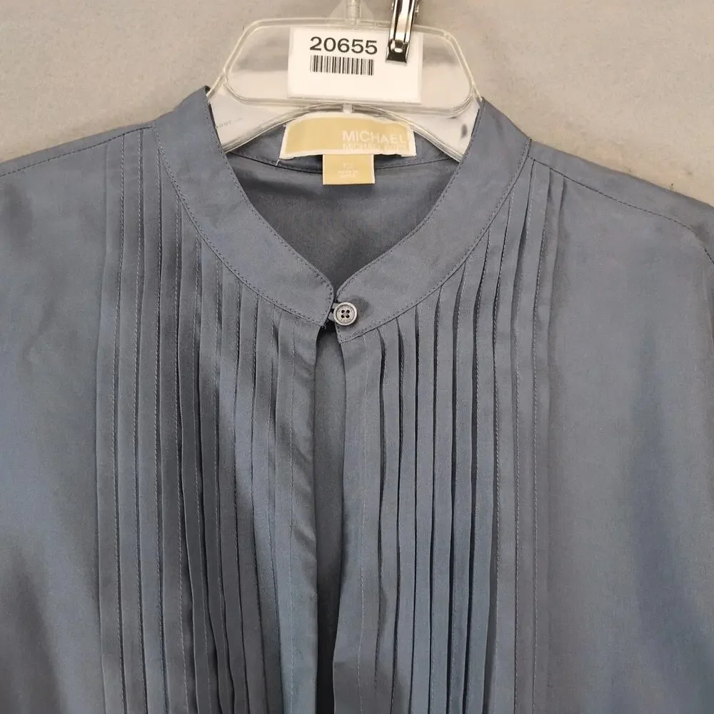 Michael Kors 100%‎ Silk Gray Pleated Blouse Women's 12 Keyhole Neck Long Sleeve